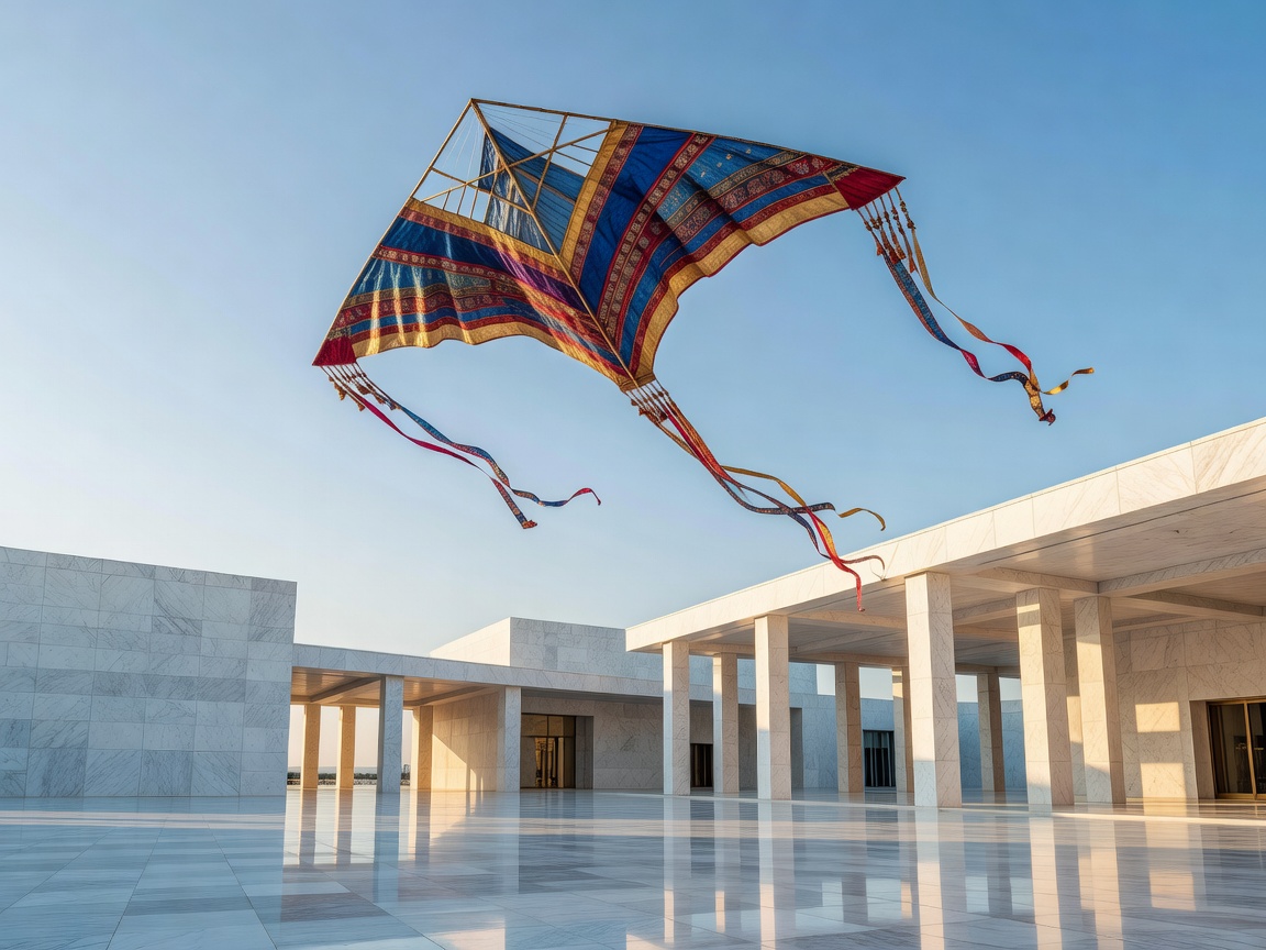 Large handcrafted ceremonial kite flying beautifully above modern white marble architecture