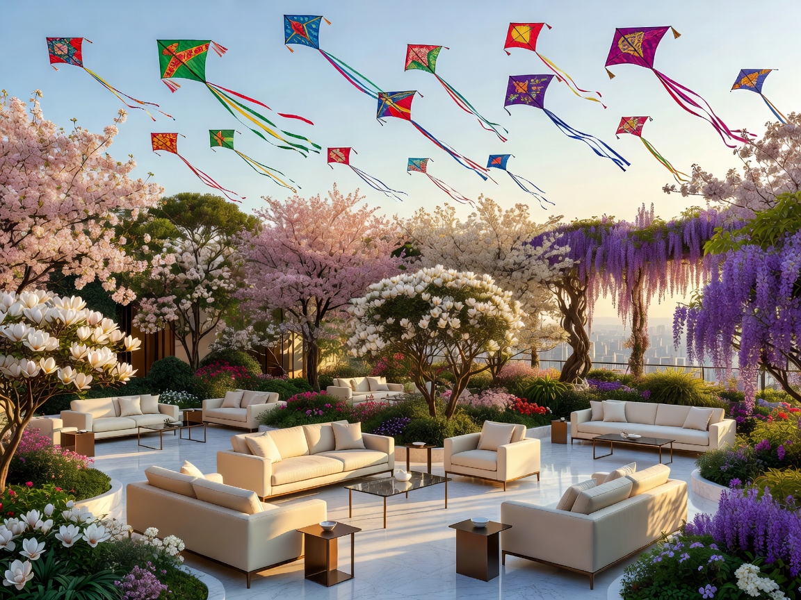 Luxury sky garden featuring flowering trees, premium seating, and colorful ceremonial kites